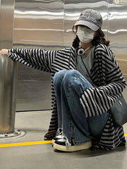 Voguable Harajuku Y2k Top Black Gray Striped Cardigan 2022 Autumn Loose Casual Long-Sleeved Top Woman Clothes Grunge Korean Fashion voguable
