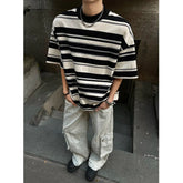 Men Black White Stripe Tshirt Man Loose Fit O Neck Casual Streetwear Fashion Soft Cotton Relaxed Summer Tee Shirt Striped Top voguable