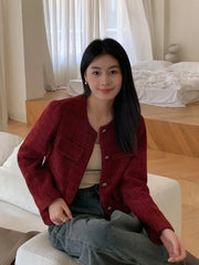 Zoki Women Slim Vintage Jacket Fall Winter Long Sleeve Sweet Elegant Coat French Casual Female O Neck Single Breasted Retro Tops voguable