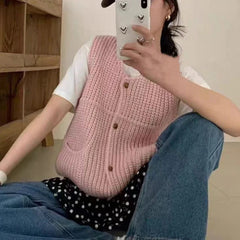 Chunky Knit Sweater Vest for Women Button Up Sleeveless Knit Top with Front Pockets Korean Ladies Casual Chic Outfit voguable