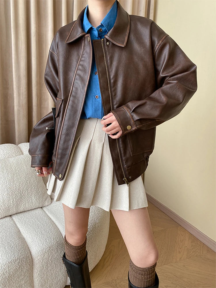 Vintage Maillard Leather Jacket Silhouette Craft PU Leather Motorcycle Jacket Top Women Loose Thickened Brown Coat Spring Autumn voguable