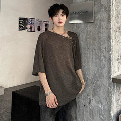 Korean Style Men's T-shirts Short Sleeve Casual Lace-up Design Solid Color Tees Hollow Out Loose Male Tops Summer 9W3719 voguable