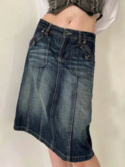 Voguable Vintage Blue Straight Denim Skirt Women American Retro Aesthetic Chic Stitch Cargo Mid Skirts Y2K Streetwear Grunge New voguable