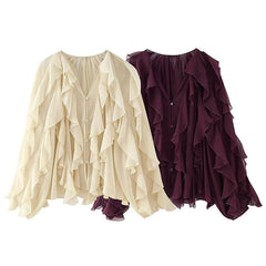 New Women Sexy Semi-sheer Ruffle Shirt Long Sleeve V Neck Front Button Spring Blouse Burgundy Blusas Mujer voguable