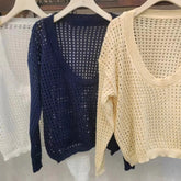 Women's Pointelle Knit Top Scoop Neck Long Sleeve Openwork Pullover Sweater Hollow-out Tops Summer Cover Up Boho Chic Outfit voguable