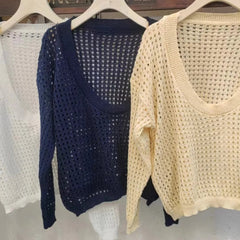 Women's Pointelle Knit Top Scoop Neck Long Sleeve Openwork Pullover Sweater Hollow-out Tops Summer Cover Up Boho Chic Outfit voguable