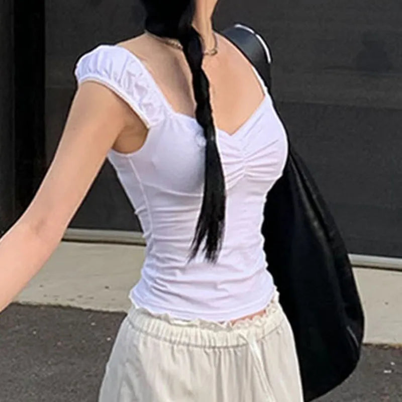 Voguable All-math T-shirts Women's Casual Basic Chest Folds V-neck Drop-shoulder Sleeves T-shirts Korean Style Streetwear Tees voguable