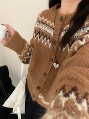 Fair Isle Sweater Cardigan Women Long Sleeve Button-Up Crewneck Knitted Jacket Cardi Female Knitwear Fall Winter Vintage Outfit voguable