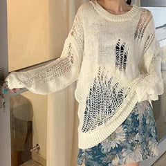 Dark Harbor Wind Hole Knitted Sweater Women Early Spring Loose Hollow-Out Thin Long-Sleeved Tops To Wear A Personalized Sweater voguable