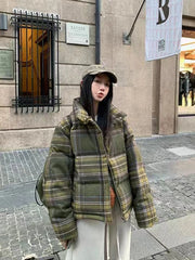 Retro Streetwear Y2K Plaid Parkas Women Winter Warm Thick Hip Hop Cotton Coat American Harajuku Stand Collar Bf Vintage Jacket voguable