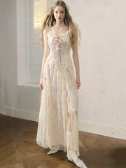 Elegant Lace Patchwork Camis Dress Women Summer Sexy Backless Hollow Out Midi Dress Y2K Fashion Lace Up Streetwear Vestidos voguable