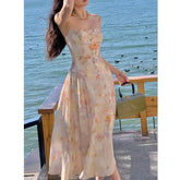 Voguable 2024 Summer Sweet Style Fairy Slash Neck Floral Print Suspender Dresses Women's Chiffon Slim Fit Luxury Princess Midi Dress voguable