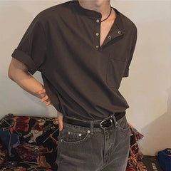 New Fashion Korean Style Men T-shirt Light Luxury Henry Collar Tops Casual Loose High Quality Solid Color Half Sleeve Tees M-2XL voguable