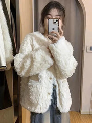 Winter Sweet Korean Faux Lamb Coat Women Vintage Warm Thick Long Sleeve Cute Jacket Casual O Neck Pockets Elegant White Tops New voguable