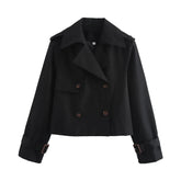 New Autumn Women Solid Cropped Trench Coat Vintage Double Breasted Long Sleeve Short Jacket Lapel Collar Windbreaker