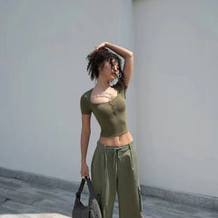 Y2K Sexy V Neck Crop Top Women Low Cut Skinny Button Up Cropped T Shirts Summer Fashion Streetwear Solid Short Sleeve Tees voguable