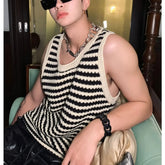 New Black and White Striped Hollow Mens Sweater Vest Casual Loose Sleeveless Houndstooth Harajuku Spaghetti Straps Sweater Vest voguable