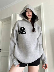 Vintage Gray Hooded Sweaters Women Lazy Wind Long Sleeve Loose Letter Knitted Jumper Casual American Retro Fall Pullovers voguable
