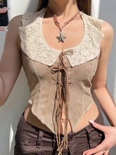 Voguable Suede Tank Top with Lace Collar Bandage Backless Halter Corset Fairycore Grunge Sleeveless Tops y2k Vintage Camis Women voguable