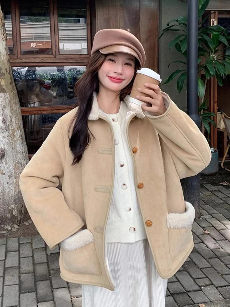 Women Faux Lamb Suede Jacket Winter Warm Long Sleeve Sweet Cotton Coat Korean Pockets Female Thick Vintage Outwear Tops voguable