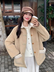 Women Faux Lamb Suede Jacket Winter Warm Long Sleeve Sweet Cotton Coat Korean Pockets Female Thick Vintage Outwear Tops voguable