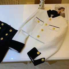 Fashion Stitching Tweed Short Jacket Women Autumn Winter Elegant Office Lady Coat Y2K Korean O Neck Single Breasted Crop Outwear voguable