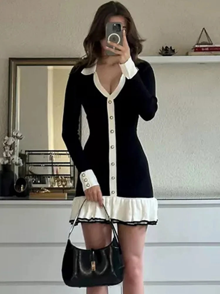 Ruffled Bow Knit Mini Dress Women's Summer Backless Contrast Cardigan Lace-Up Elegant Dress Female Knitwear Bandage Dress voguable