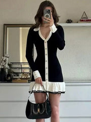 Ruffled Bow Knit Mini Dress Women's Summer Backless Contrast Cardigan Lace-Up Elegant Dress Female Knitwear Bandage Dress voguable