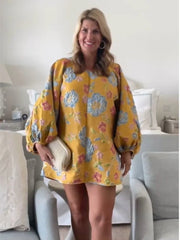 Elegant Printed Women's Jacquard Waist Dress Fashion O Neck Lantern Sleeve Short Vestidos Autumn Lady Party Chic Streetwear voguable