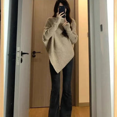 Autumn Winter New Women Sweater Korean Fashion Chic Casual Turtleneck Solid Asymmetr Loose Batwing Sleeve Pullovers Knitted Tops voguable
