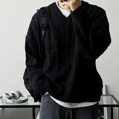 New American Retro Men Jacquarded Sweater Casual V Neck Solid Color Long Sleeve Knitwear Premium Quality Knitted Pullovers M-2XL voguable