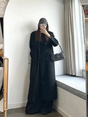 Black Faux Wool Jacket Women Winter Thick Warm Double Breasted Long Coat Y2K Female Korean Elegant Hepburn Style Blend Outerwear voguable