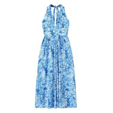 Voguable Women Sexy Backless Halter Blue Floral Print Midi Dresses Sleeveless Female Holiday Summer Dresses voguable
