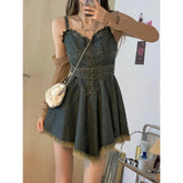 Voguable Pure Desire Style Belted Denim Mini Dress Women Vintage Irregular Tassel Spaghetti Strap Denim Dress Streetwear A-Line Tunic Ves voguable