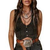 Denim Tank Tops for Women Summer Solid Color V Neck Single Breasted Sleeveless Jeans Vest y2k Waistcoat Streetwear voguable