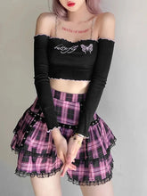 Mall Goth Gothic Lace Ruffle Mini Skirts Womens Harajuku Fairy Grunge Pink Plaid Pleated Skirt Japanese Lolita Streetwear voguable