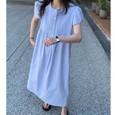 Voguable Summer Thin A-Line Dress Women's Bubble Sleeve Pleated round Neck Lazy Style Design Sense Dress Korean Style Loose Waist Knit... voguable