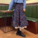 Voguable Vintage Floral Midi Skirt Women Lace Patchwork High Waist A Line Loose Casual Skirts Fall Winter Retro Harajuku Elegant Skirt voguable