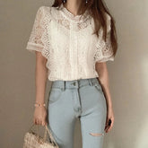 Voguable Elegant Hollow Out Lace Shirt Woman Summer Sheer O-Neck Short Sleeve T-shirt Women Loose Crochet Flower Sun Shirts Ladies Tops voguable