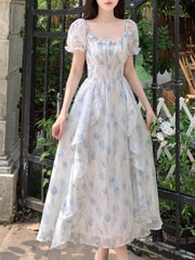 Voguable Summer French Style Floral Printed Dress Slim Casual Long Chiffon Dress Short Sleeve Women Vacation Fairy Dress voguable