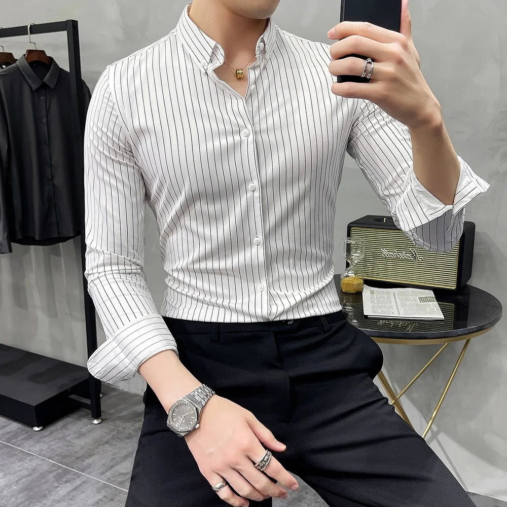 Striped Shirt Mens 2022 Spring New British Style Business Casual Long Sleeve Iron-Free Anti-Wrinkle Dress Shirt Mens Clothing voguable