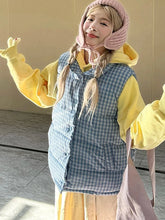 Cute Blue Plaid Puffy Vest Women Loose Vintage Sleeveless Warm Thick Winter Sweet Vest Coat Korean Preppy Style Outwear Top voguable