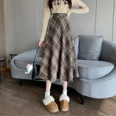 Voguable Coffee Wool Plaid Skirt for Women with High Waist Slim Skirt for A-line Midi-length Umbrella Skirt voguable
