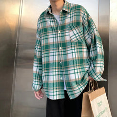 Autumn Thick Woolen Shirt Men Fashion Retro Casual Oversized Plaid Shirts Mens Korean Blue/Green Loose Long-sleeved Shirt Men voguable