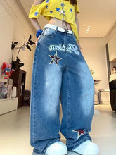 Voguable Streetwear Wide Leg Jeans Women Letter Star Print Vintage Harajuku Scimitar Trouser Loose Casual High Waist Patchwork Pants New voguable