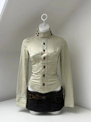 Voguable Retro Gothic Light Khaki Stand Up Collar Jacket for Women American Red Contrasting Button Slim Fit Drawstring Long Sleeved Top voguable
