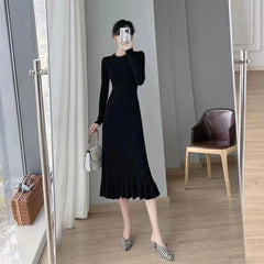 Apricot Knitted Ruffles Dress Women Korean Autumn Elegant Slim Long Sleeve Midi Dress Solid Streetwear Casual A Line Dress voguable