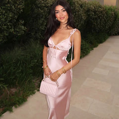 V-neck Cut Out Lace-Up Spaghetti Strap Dress For Women Summer Beach Long Dress Fashion Sexy Sleeveless Slim Gown Clothes voguable