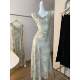 Voguable Elegant Ruffles U-Neck Sleeveless Orange Floral Long Dress Women's Summer Sweet Sleeveless Slim Holiday Dress Lady voguable