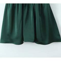 Summer Women High Quality Dark Green Satin Princess Tank Dress Lady V Neck Sleeveless Low Waist A-line Mini Dresses